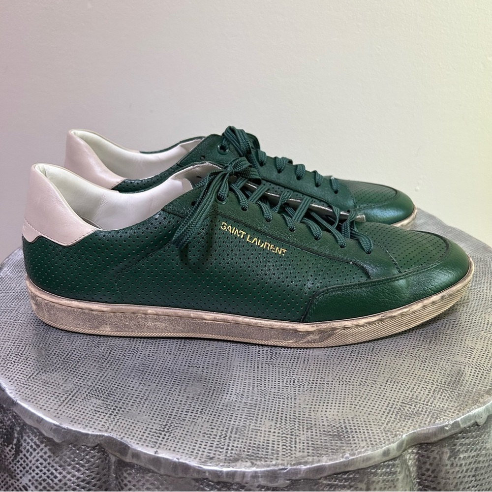 Saint Laurent ~ Men’s Perforated Leather Low Top Sneakers in Green size IT 44 - Picture 2 of 15
